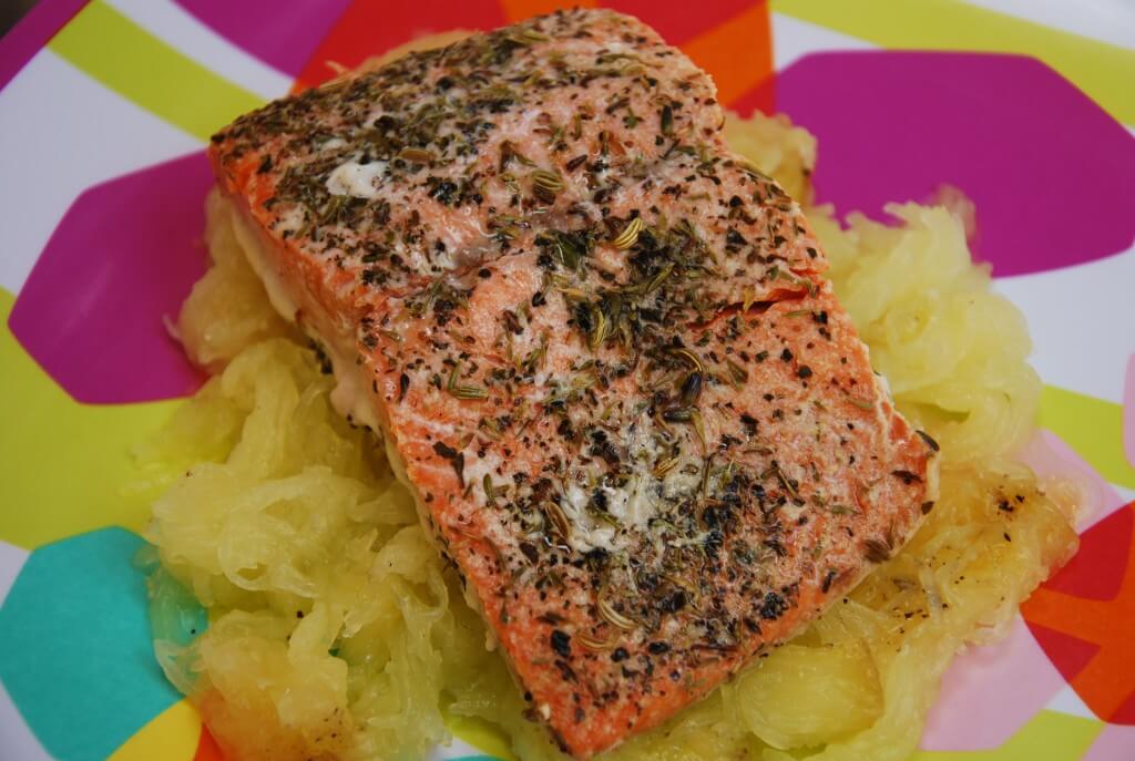 Herbed Salmon with Dry-Roasted Spaghetti Squash