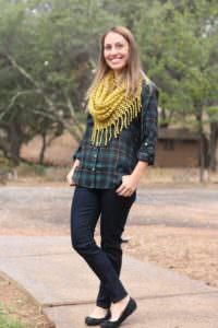 Alice Blue Boulder Button Down Blouse and Octavia Beau Fringe Infinity Scarf and Just Black Adorra Skinny Jean